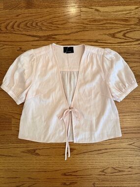 Lumiere Pale Pink Tie-Front Puff Sleeve Blouse